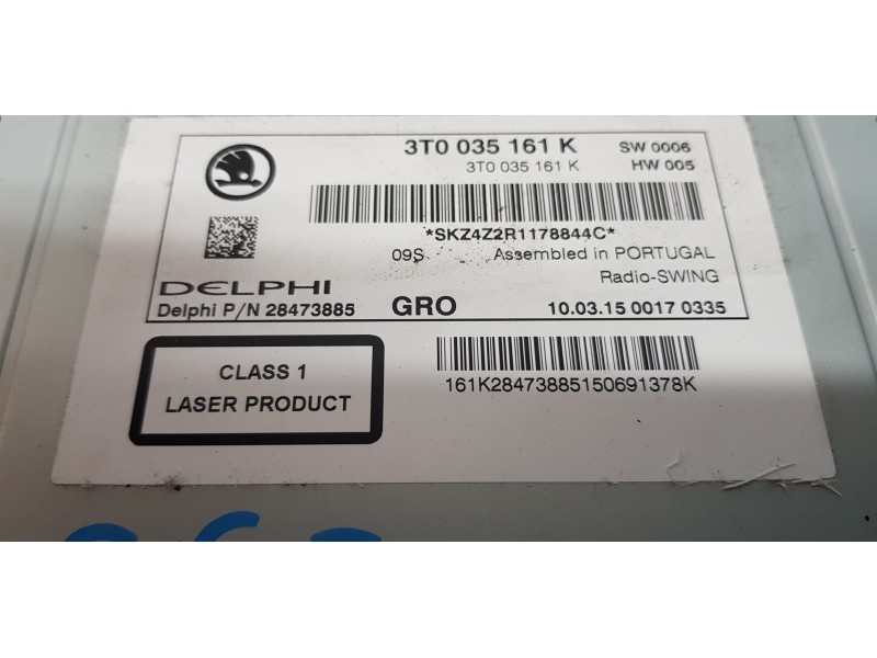Recambio de sistema audio / radio cd para skoda superb combi (3t5) active referencia OEM IAM 3T0035161K   Recambio de sistema audio / radio cd para skoda superb combi (3t5) active referencia OEM IAM 3T0035161K