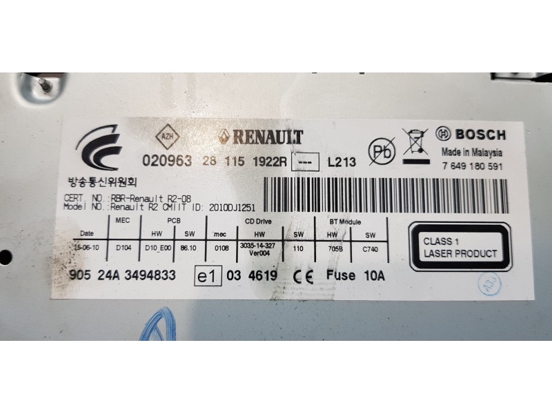 Recambio de sistema audio / radio cd para renault koleos bose edition referencia OEM IAM 281151922R   Recambio de sistema audio / radio cd para renault koleos bose edition referencia OEM IAM 281151922R