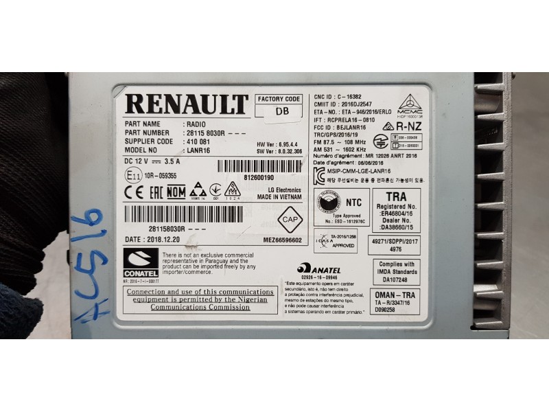 Recambio de sistema audio / radio cd para renault scenic iv grand zen referencia OEM IAM 281158030R  