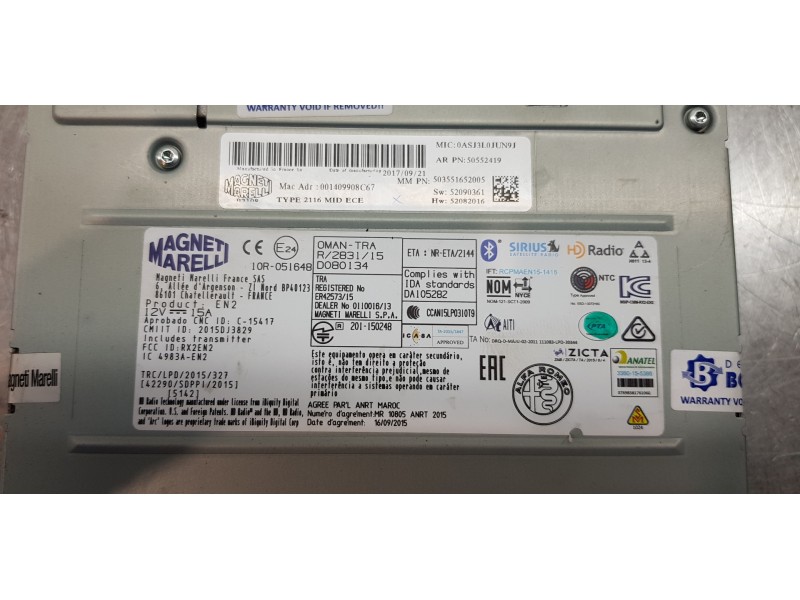 Recambio de sistema audio / radio cd para alfa romeo stelvio (630) basis q4 referencia OEM IAM 50552419  