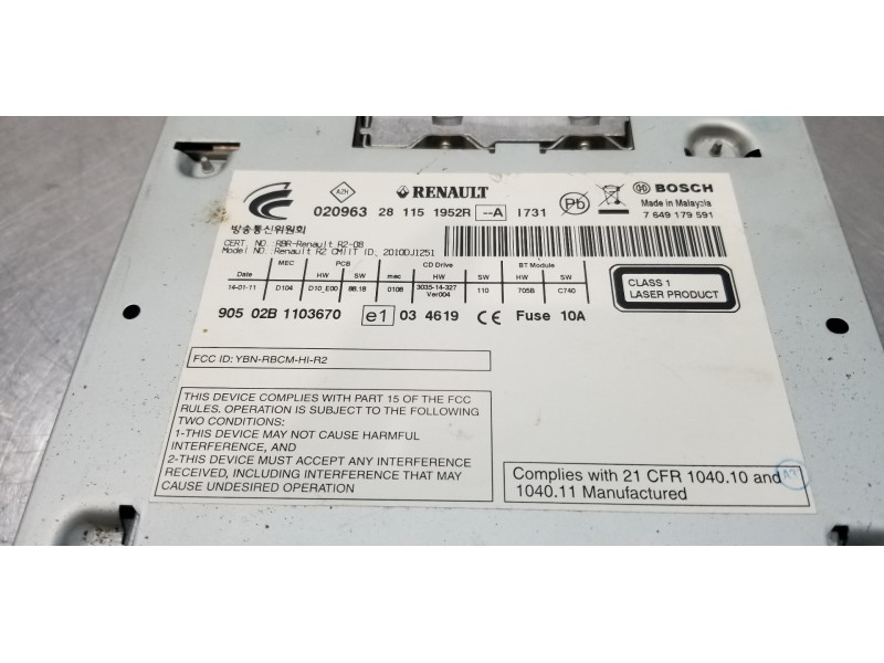 Recambio de sistema audio / radio cd para renault koleos dynamique referencia OEM IAM 281151952R   Recambio de sistema audio / radio cd para renault koleos dynamique referencia OEM IAM 281151952R