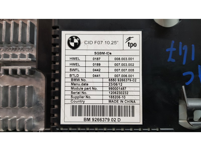 Recambio de pantalla multifuncion para bmw serie 5 gran turismo (f07) 530d xdrive referencia OEM IAM 65509266379  