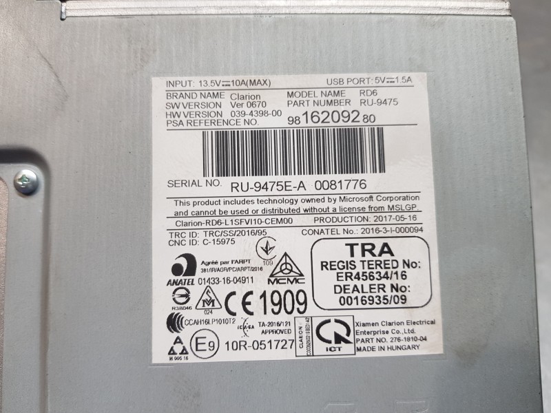 Recambio de sistema audio / radio cd para peugeot expert furgón pro bluehdi referencia OEM IAM 9816209280   Recambio de sistema audio / radio cd para peugeot expert furgón pro bluehdi referencia OEM IAM 9816209280