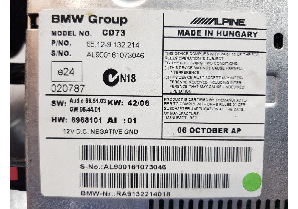 Recambio de sistema audio / radio cd para bmw serie 1 berlina (e81/e87) 116i referencia OEM IAM 65129132214 9132214 