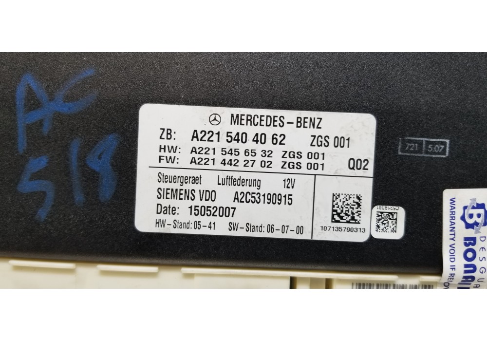 Recambio de centralita suspension para mercedes clase s (w221) berlina 420 / 450 cdi (221.028) referencia OEM IAM A2215404062  