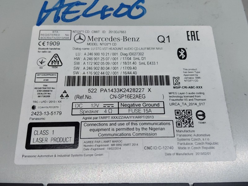 Recambio de sistema audio / radio cd para mercedes-benz clase gla (w156) 200 d referencia OEM IAM A2469001021  