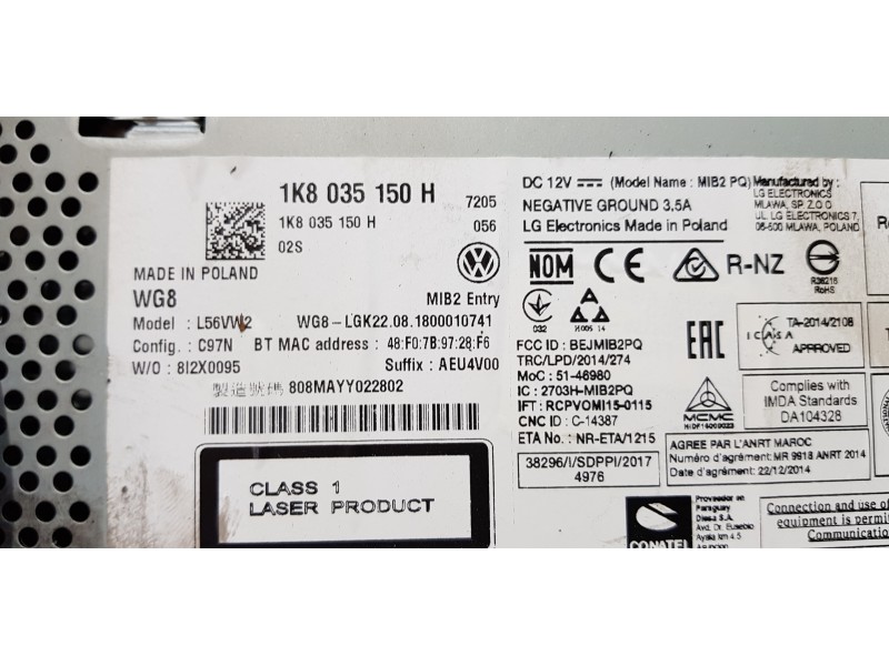 Recambio de sistema audio / radio cd para volkswagen t6 transporter furgón referencia OEM IAM 1K8035150H  
