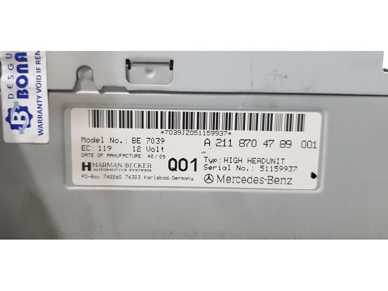 Recambio de sistema audio / radio cd para mercedes clase cls (w219) 350 (219.356) referencia OEM IAM A2118704789  